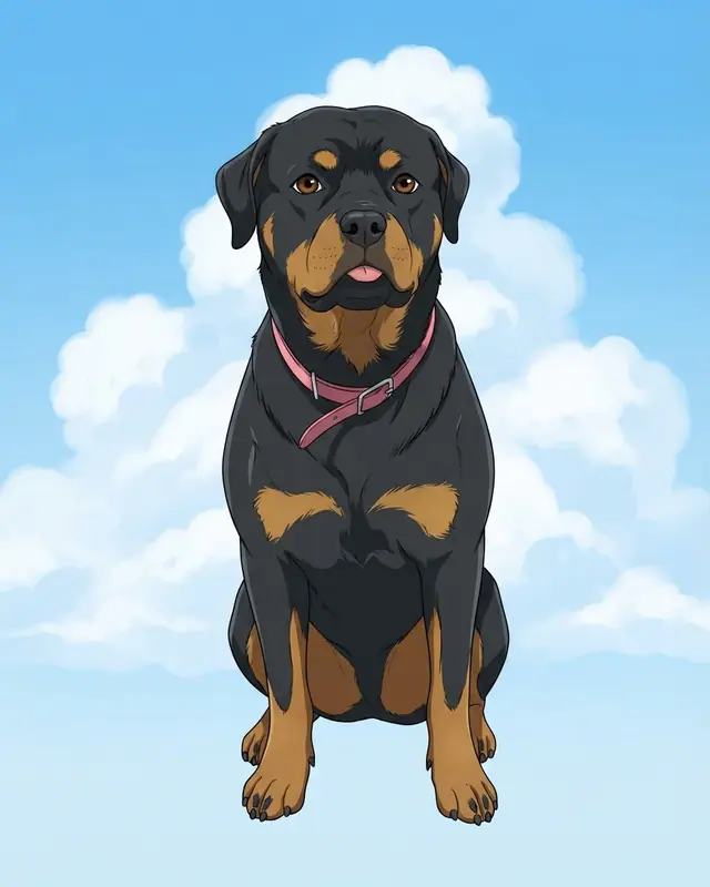 Anime Cel style render of a rottweiler named Boofa