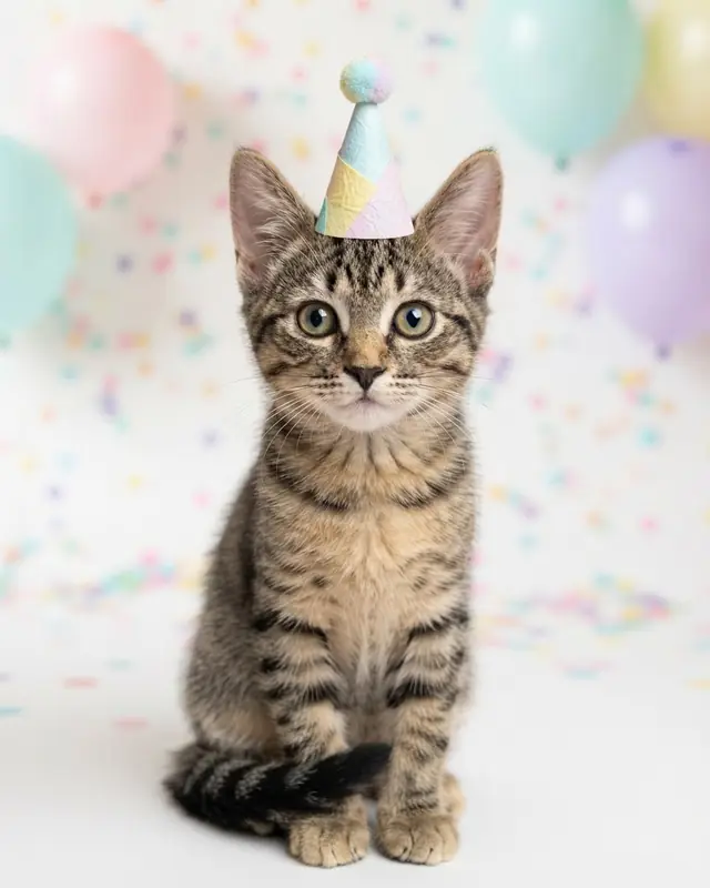Birthday Party style render of a tabby kitten
