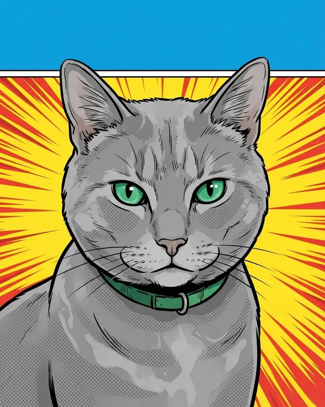 Comic Cover style render of a gray cat named Boots