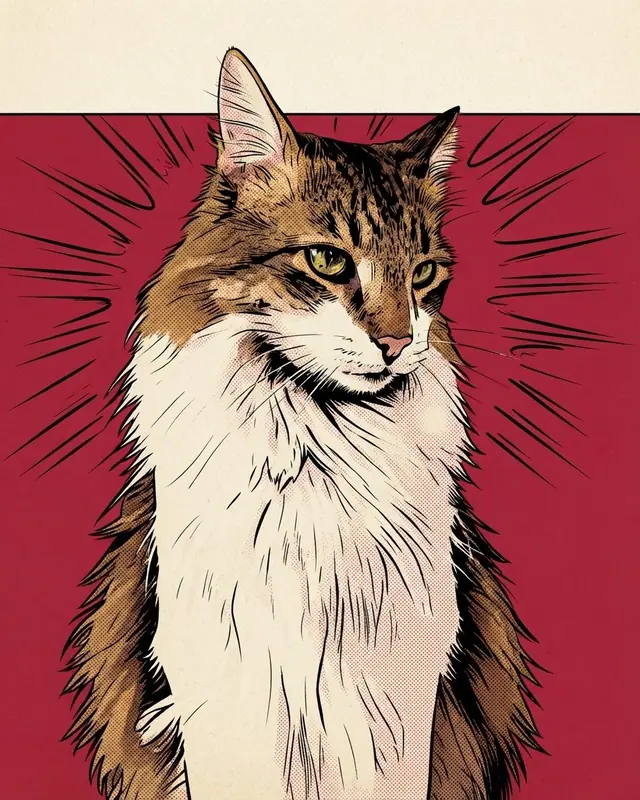 Comic Cover style render of a long-haired tabby cat named Juniper