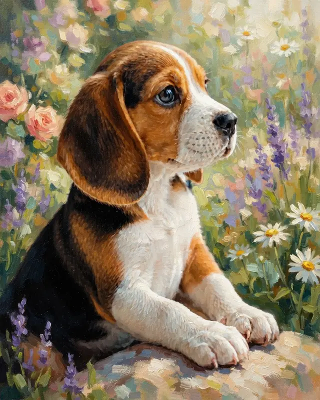 Impressionist Garden style render of a beagle