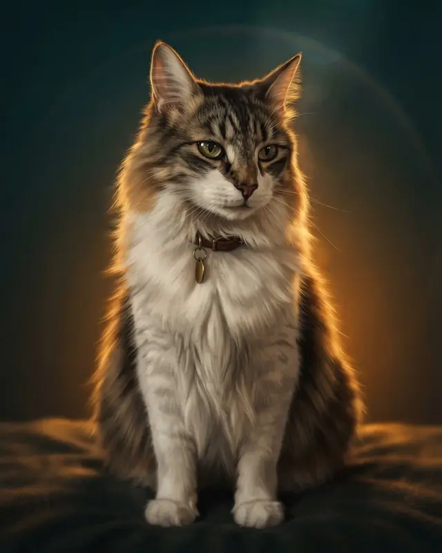 Movie Poster style render of a long-haired tabby cat named Juniper