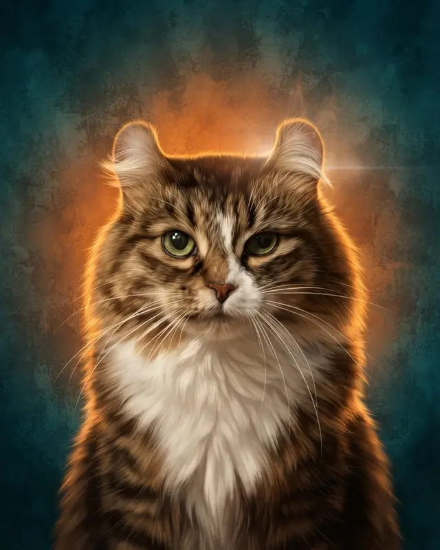 Movie Poster style render of a long-haired tabby cat named Mochi