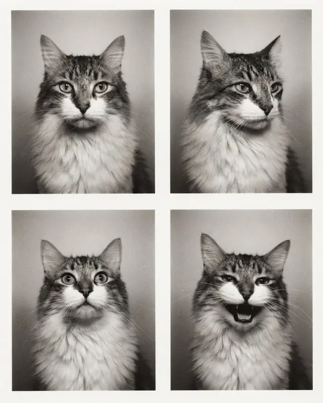 Photobooth Strip style render of a long-haired tabby cat named Juniper
