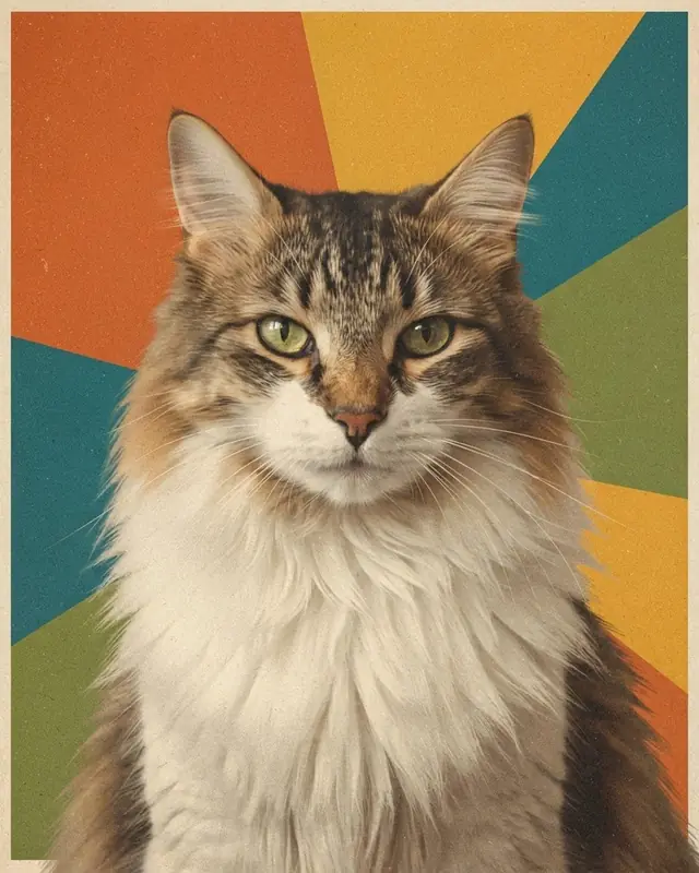 Record Sleeve style render of a long-haired tabby cat named Juniper