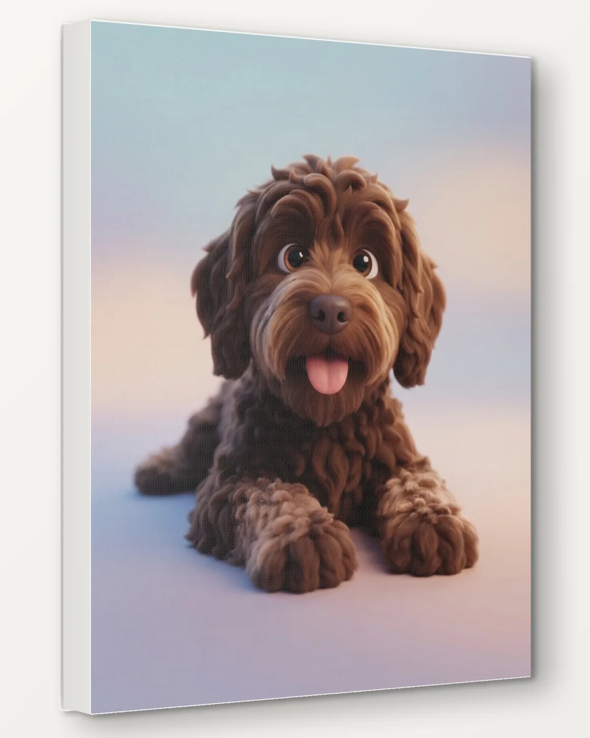 A labradoodle's 3D Cartoon portrait as a 16x20 canvas, seen from the side to show the 1.5 inch edge