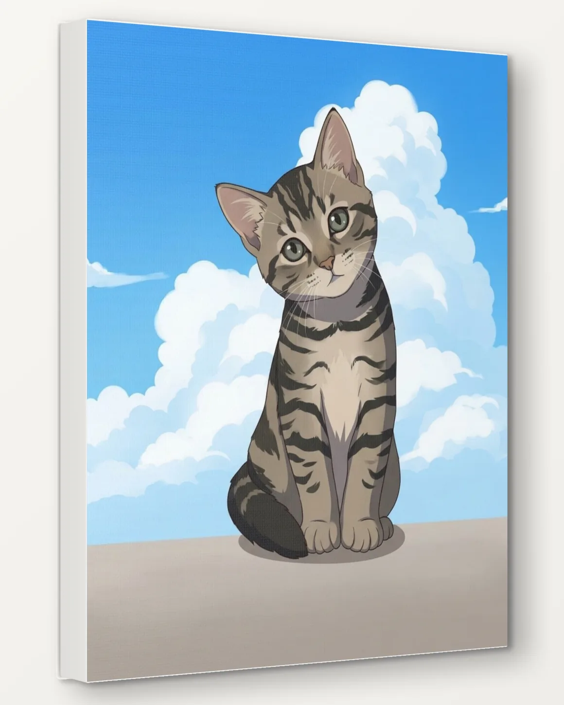 A tabby kitten's Anime Cel portrait as a 16x20 canvas, seen from the side to show the 1.5 inch edge