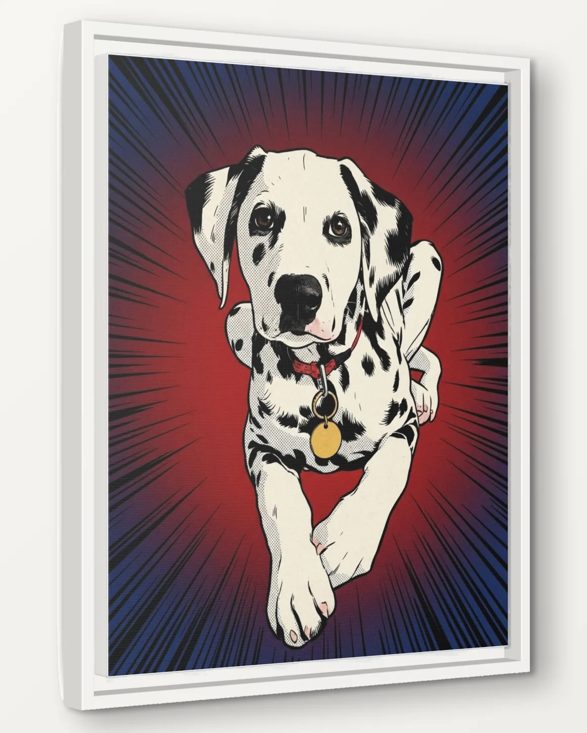A Dalmatian's Comic Cover portrait as a 16x20 framed canvas, seen from the side to show the 1.25 inch frame