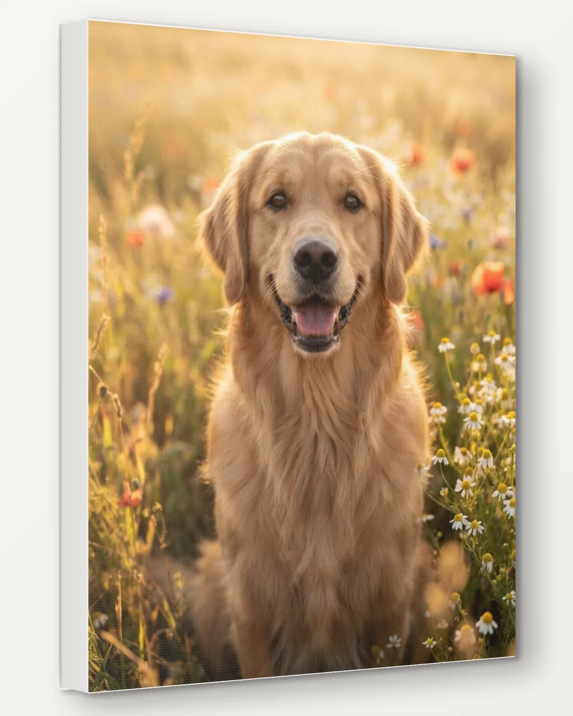 A golden retriever's Golden Meadow portrait as a 16x20 canvas, seen from the side to show the 1.5 inch edge