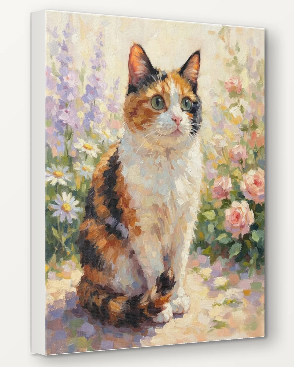 A calico cat's Impressionist Garden portrait as a 16x20 canvas, seen from the side to show the 1.5 inch edge