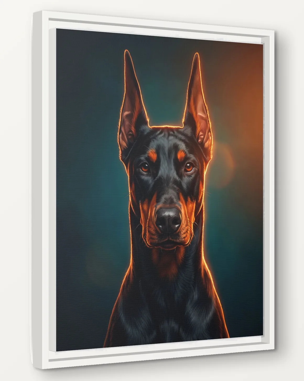 A Doberman's Movie Poster portrait as a 16x20 framed canvas, seen from the side to show the 1.25 inch frame