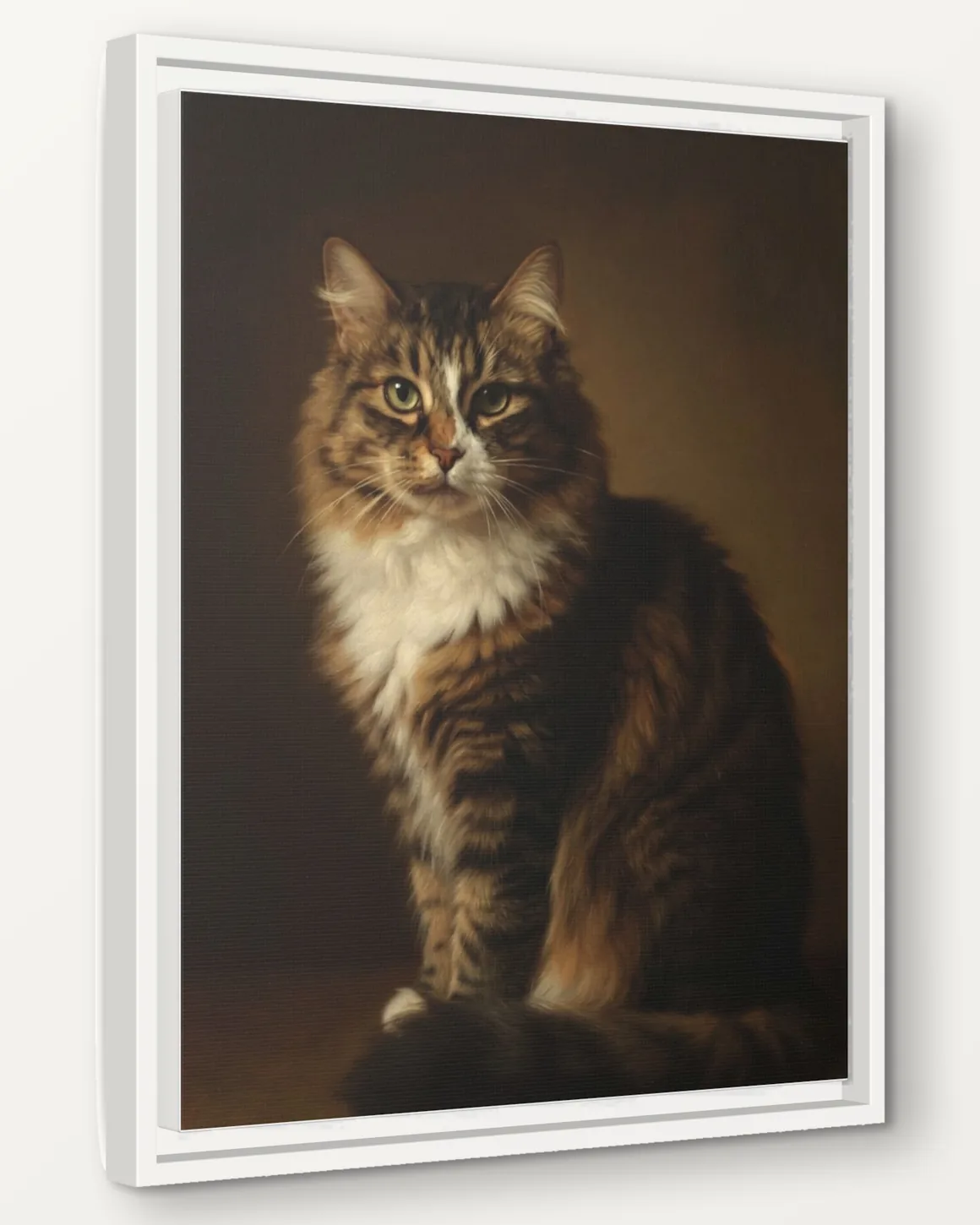 Mochi's Old Master Oil portrait as a 16x20 framed canvas, seen from the side to show the 1.25 inch frame