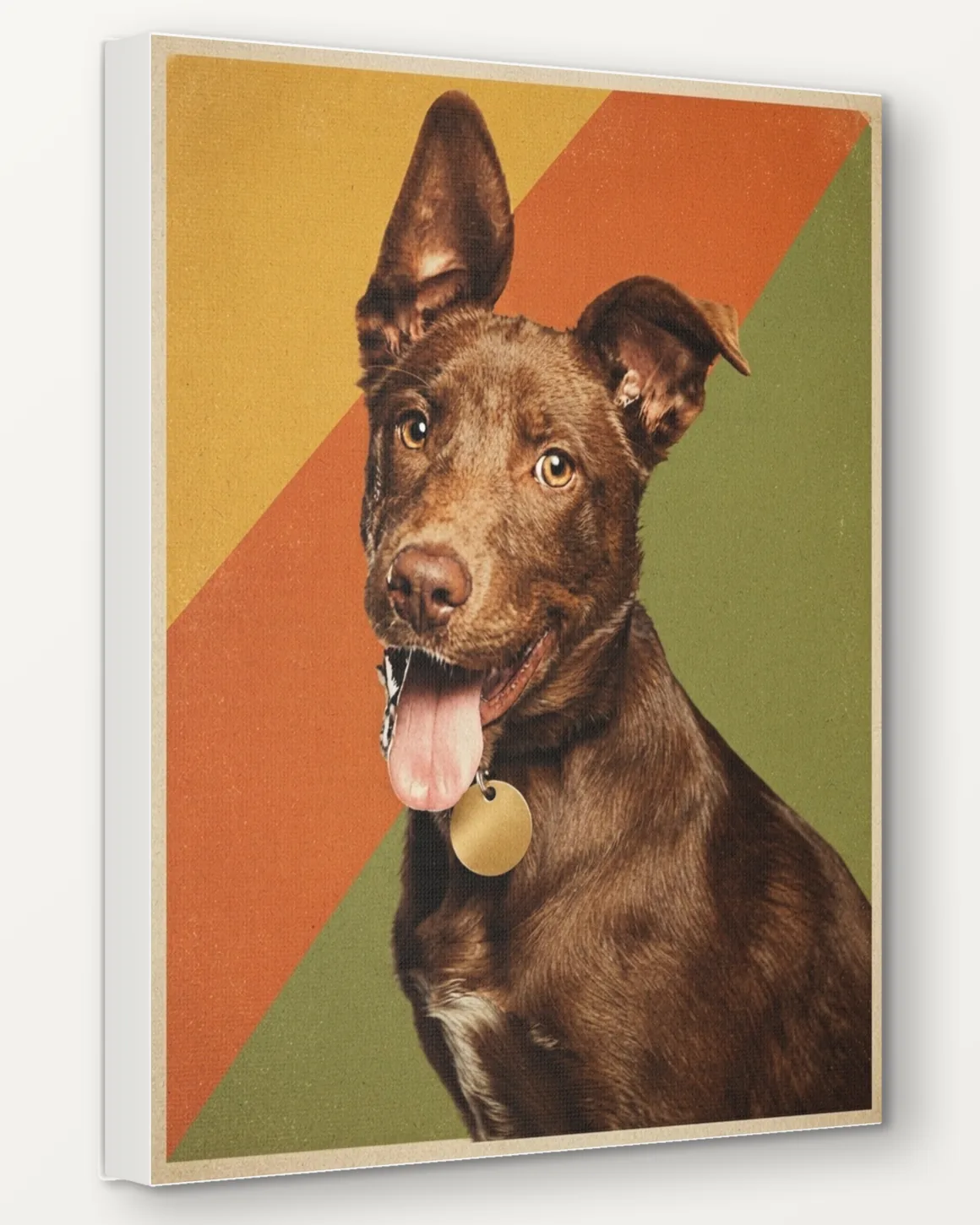 A brown mixed-breed dog's Record Sleeve portrait as a 16x20 canvas, seen from the side to show the 1.5 inch edge
