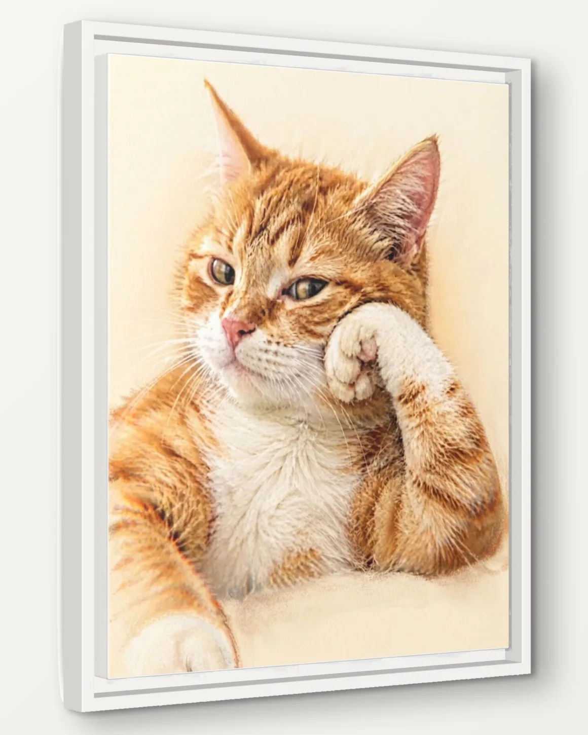 An orange cat's Soft Pastel portrait as a 16x20 framed canvas, seen from the side to show the 1.25 inch frame