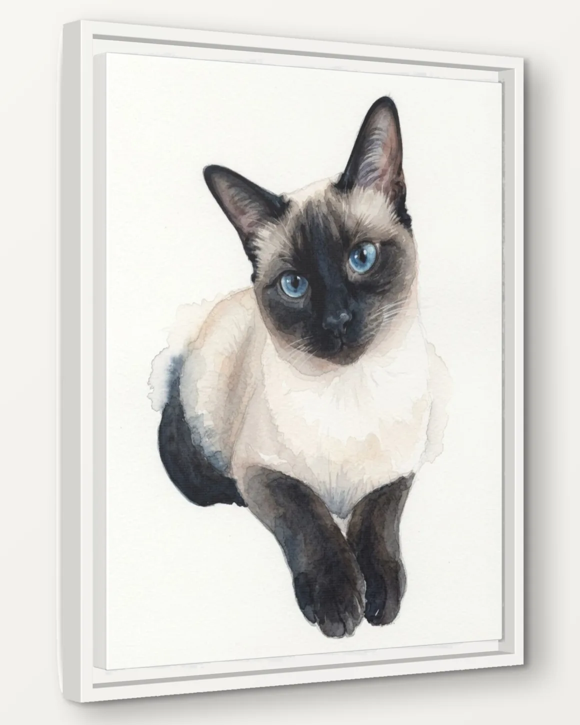 A Siamese cat's Soft Watercolor portrait as a 16x20 framed canvas, seen from the side to show the 1.25 inch frame