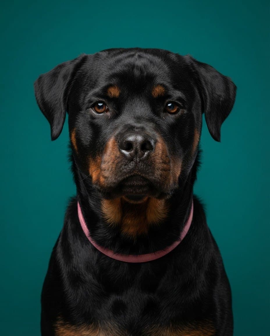 Magazine Cover style render of a rottweiler named Boofa on a bold single-color backdrop