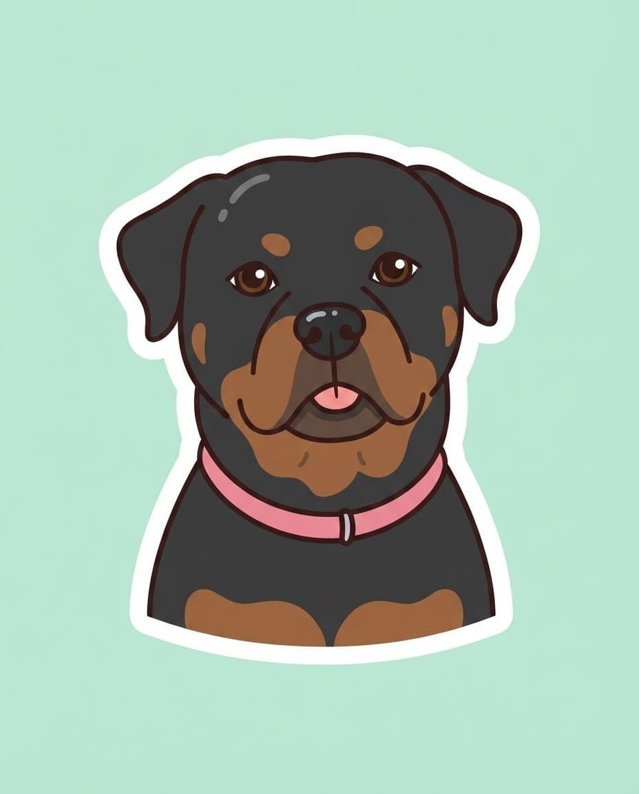 Big Sticker style render of a rottweiler named Boofa, white die-cut border