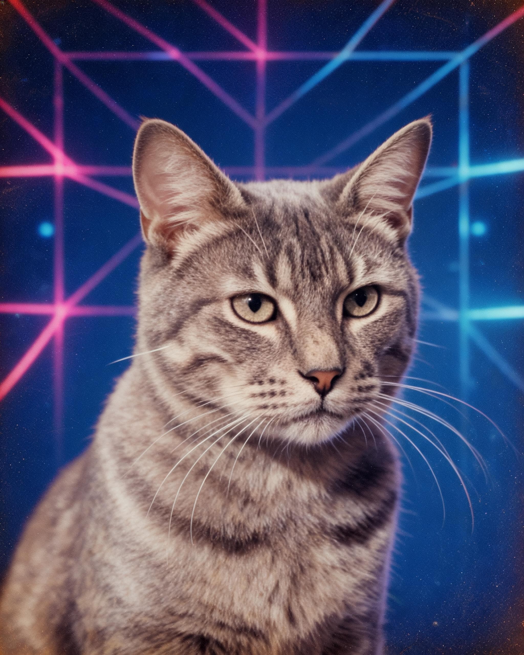 Laser Portrait render of the same cat, magenta lasers on a blue backdrop