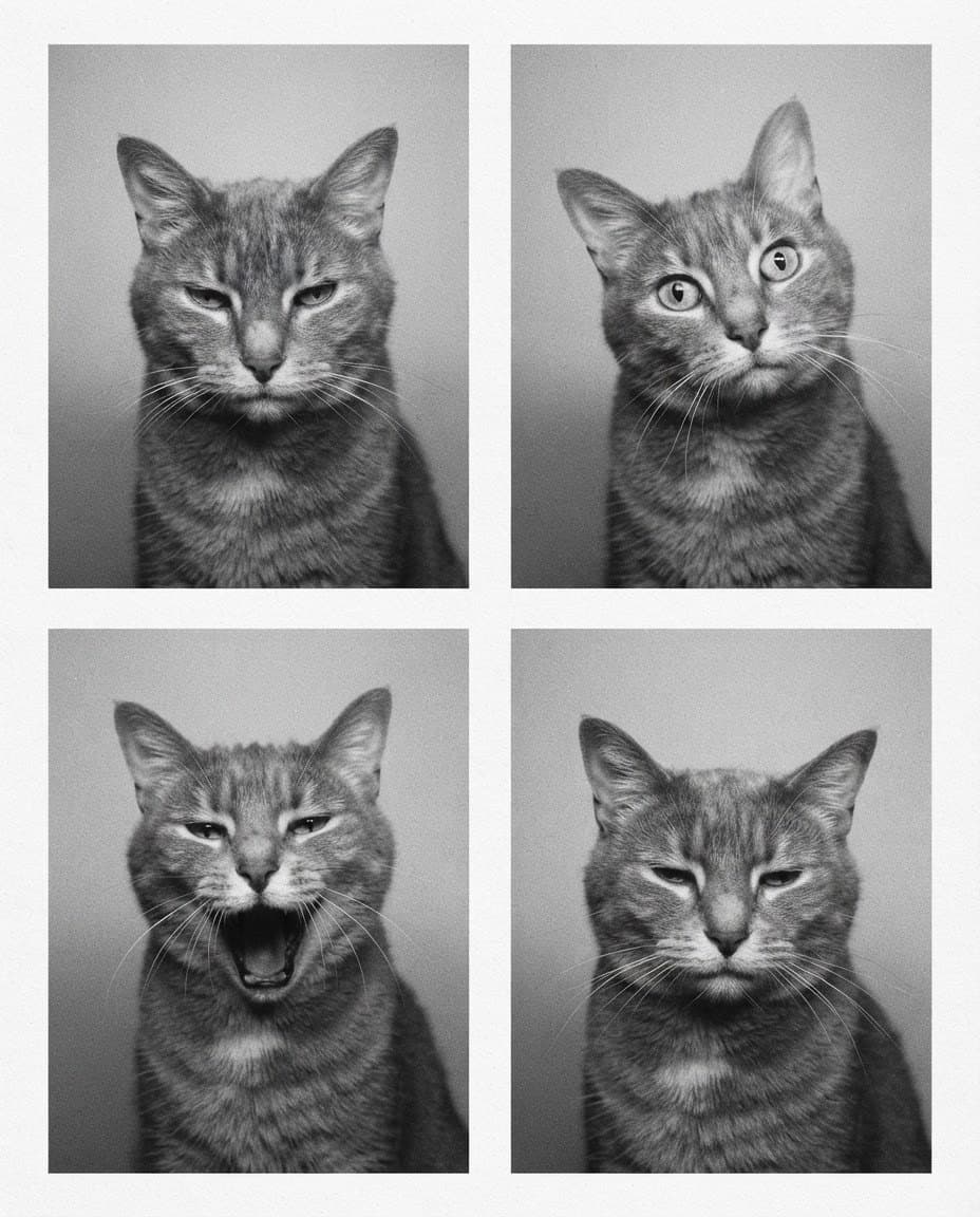 Photobooth Strip style render of a gray cat named Boots in four black-and-white frames