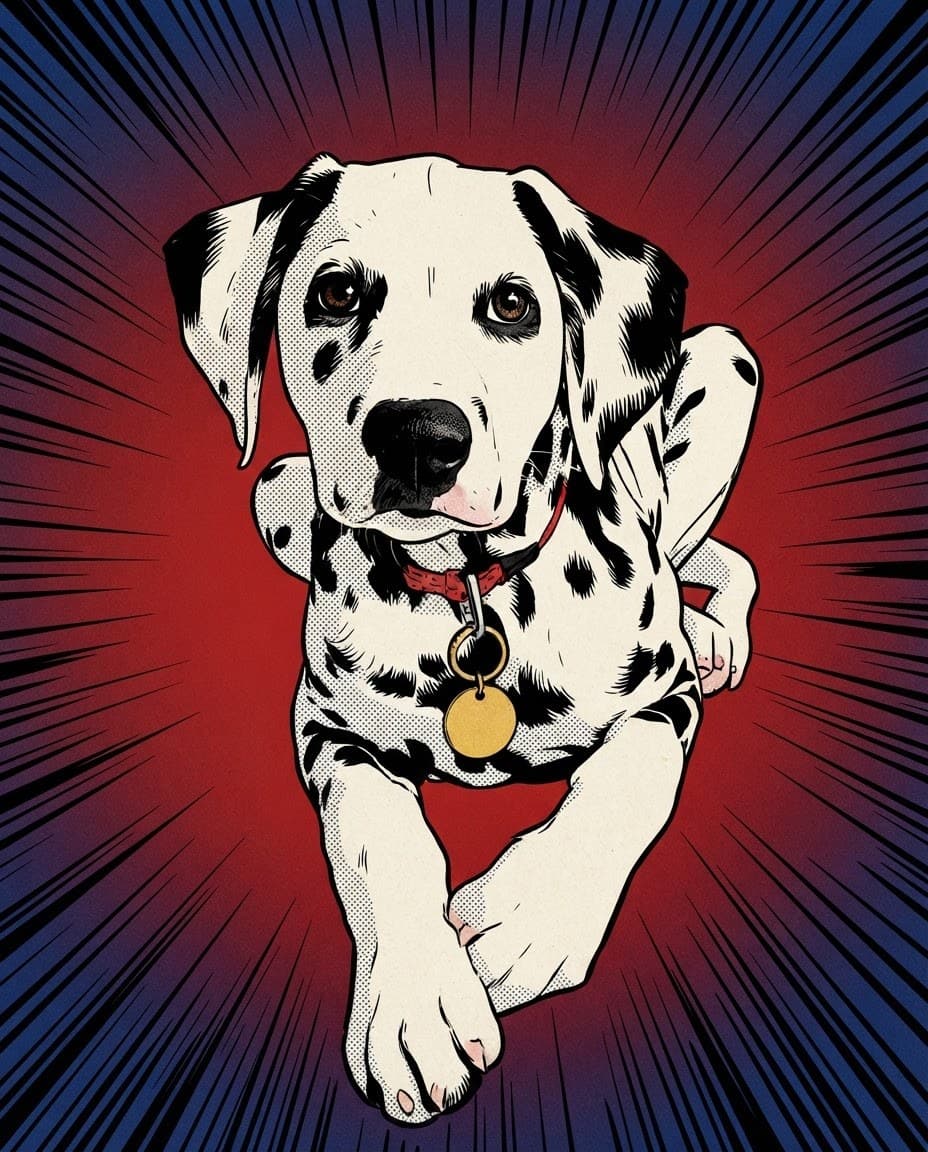 Comic Cover style render of a Dalmatian on a comic book cover