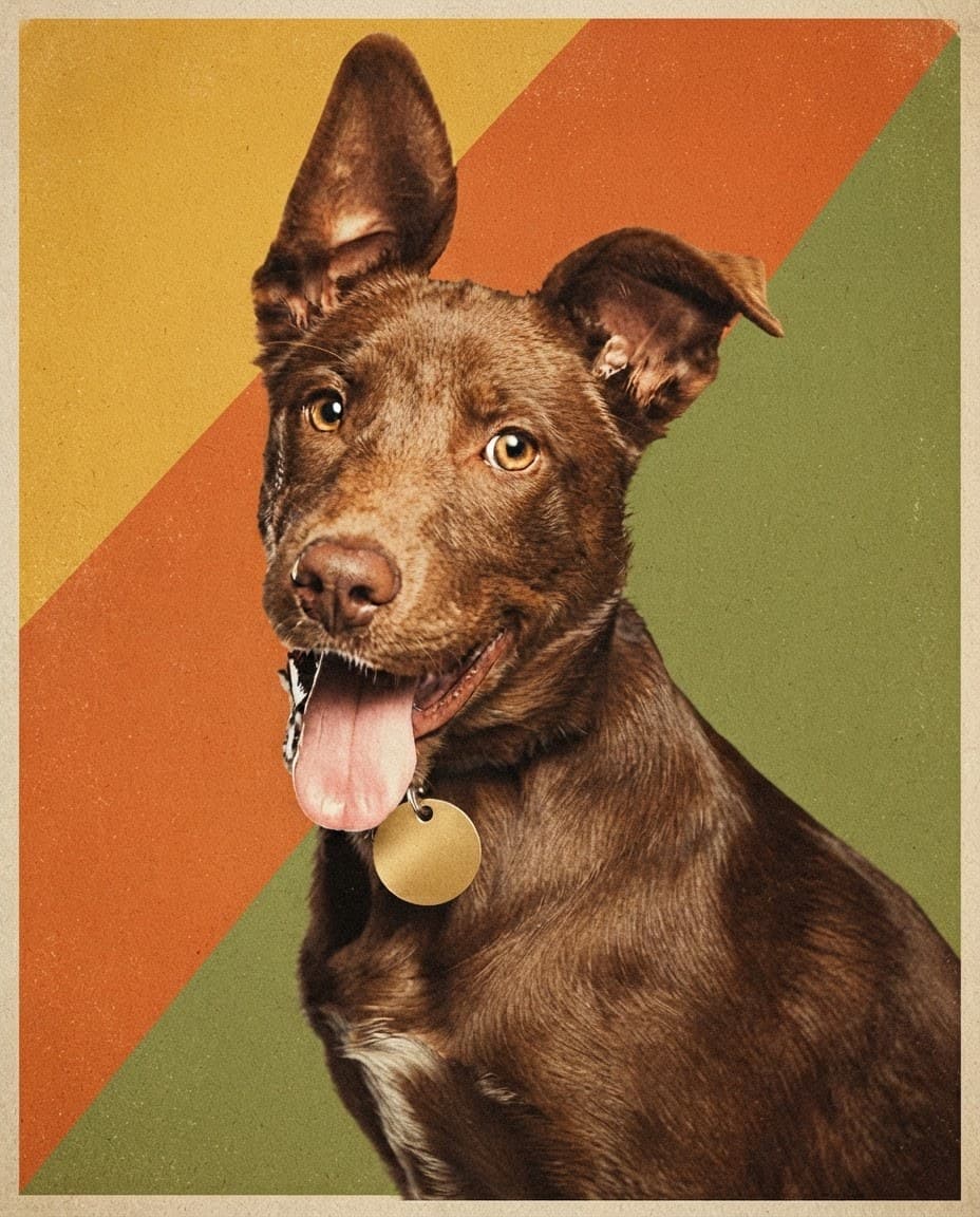 Record Sleeve style render of a brown mixed-breed dog in faded 1970s color blocks