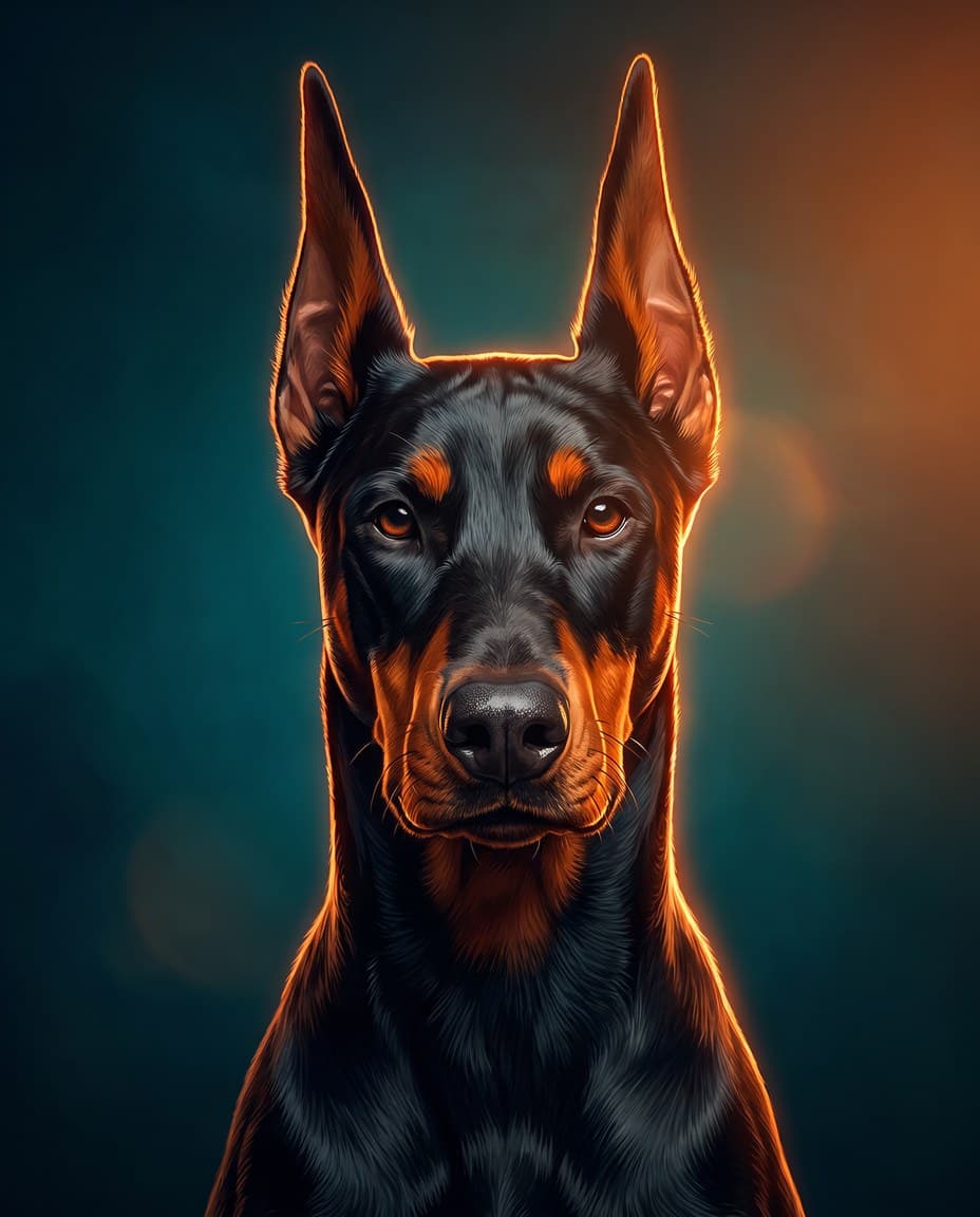 Movie Poster style render of a Doberman, backlit in orange and teal