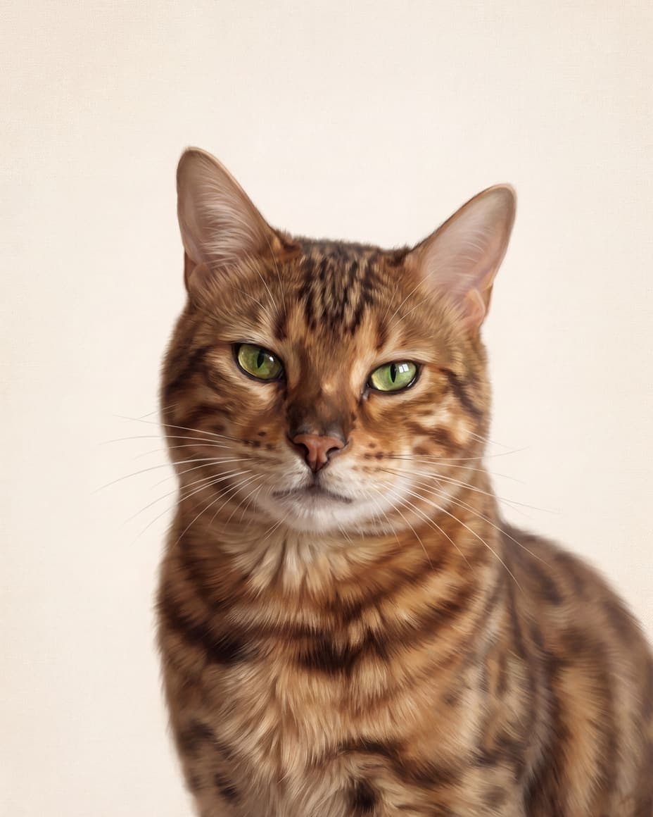 Prada, a bengal cat, as a Clean Studio portrait on a cream background