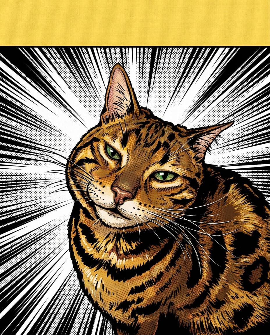 Comic Cover style render of a cat named Prada on a comic book cover