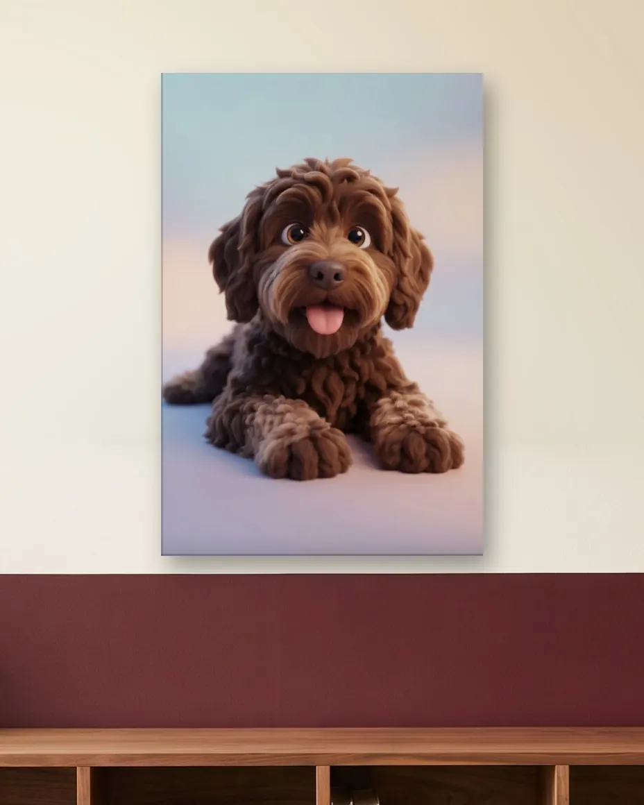 A labradoodle's 3D Cartoon portrait as a canvas on a family room wall above a walnut cubby shelf