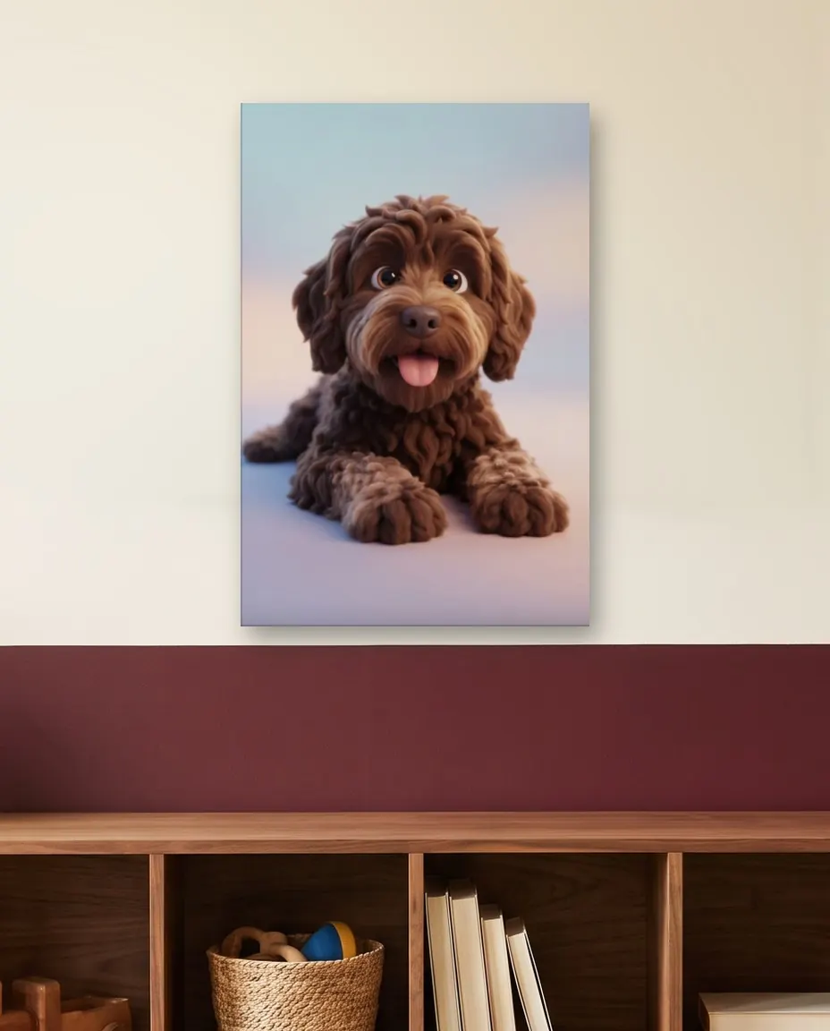 A labradoodle's 3D Cartoon portrait as a canvas on a family room wall above a walnut cubby shelf