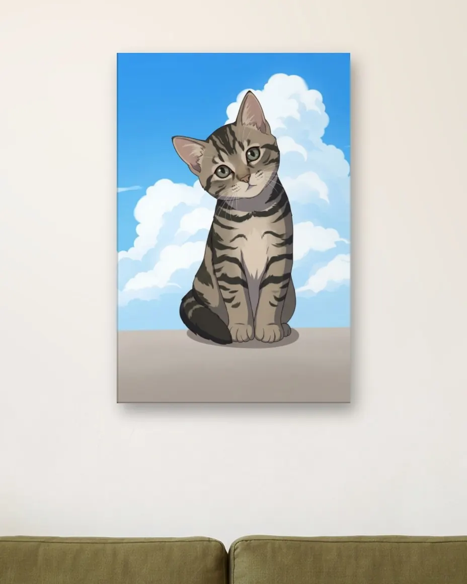 A tabby kitten's Anime Cel portrait as a canvas on a sunroom wall above a rattan sofa