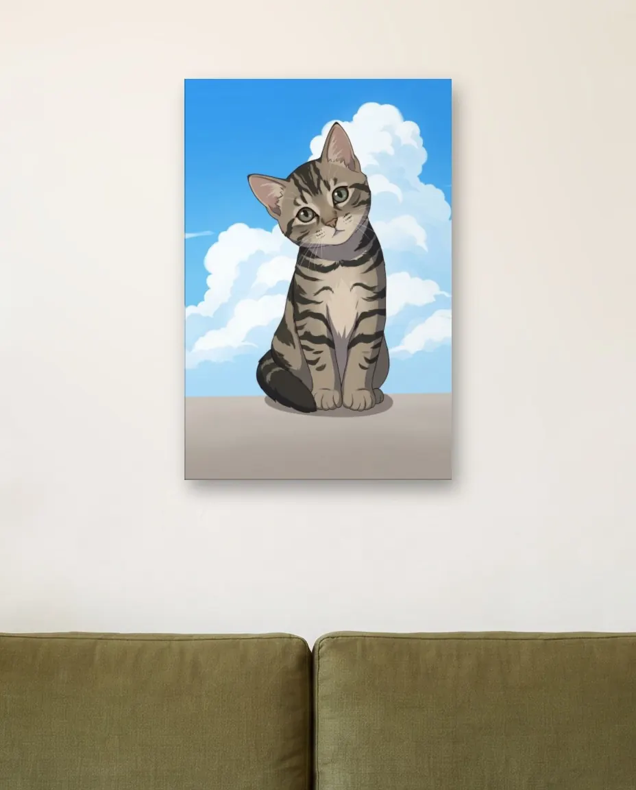 A tabby kitten's Anime Cel portrait as a canvas on a sunroom wall above a rattan sofa