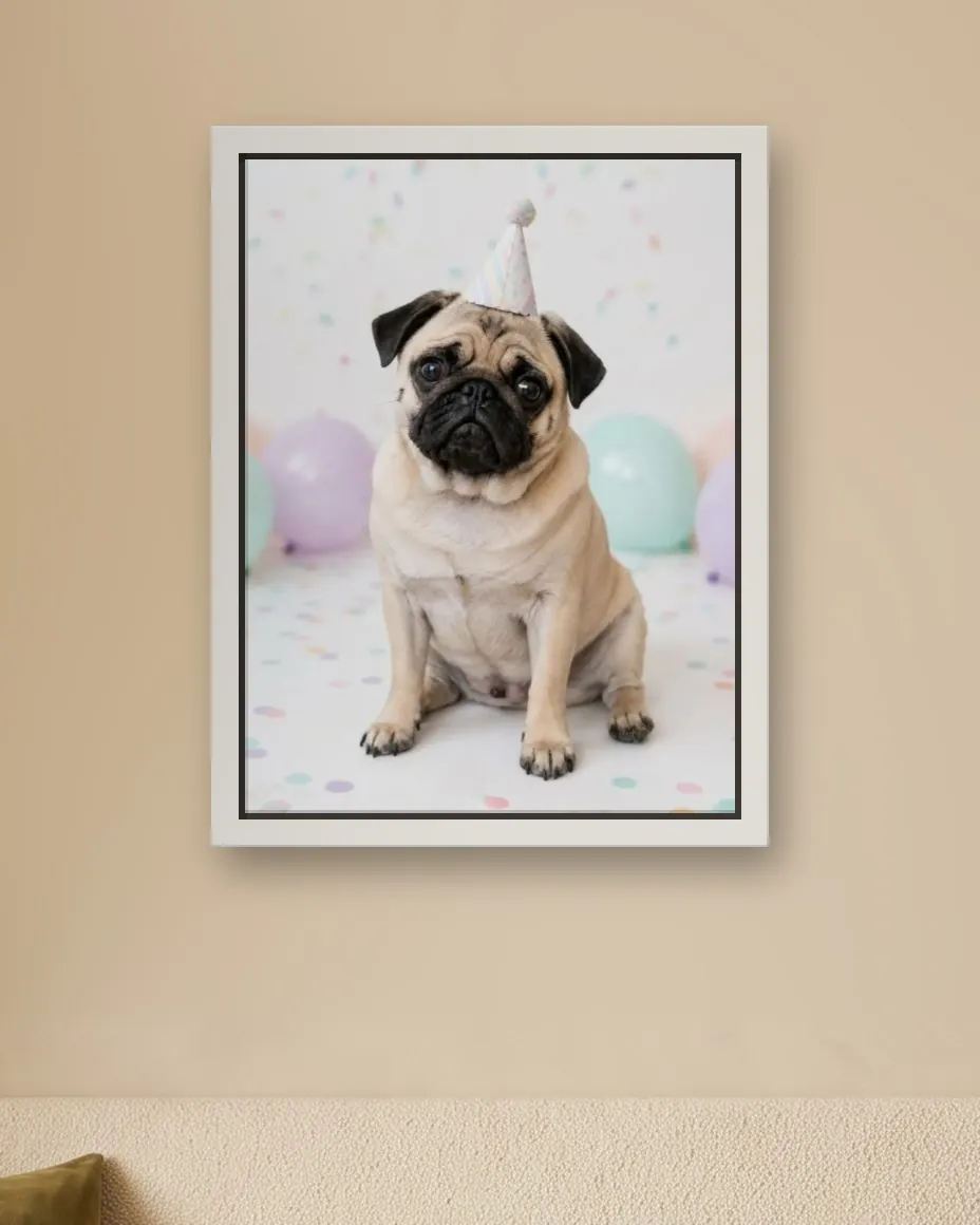 A pug's Birthday Party portrait as a framed canvas on a dining corner wall above a cream banquette