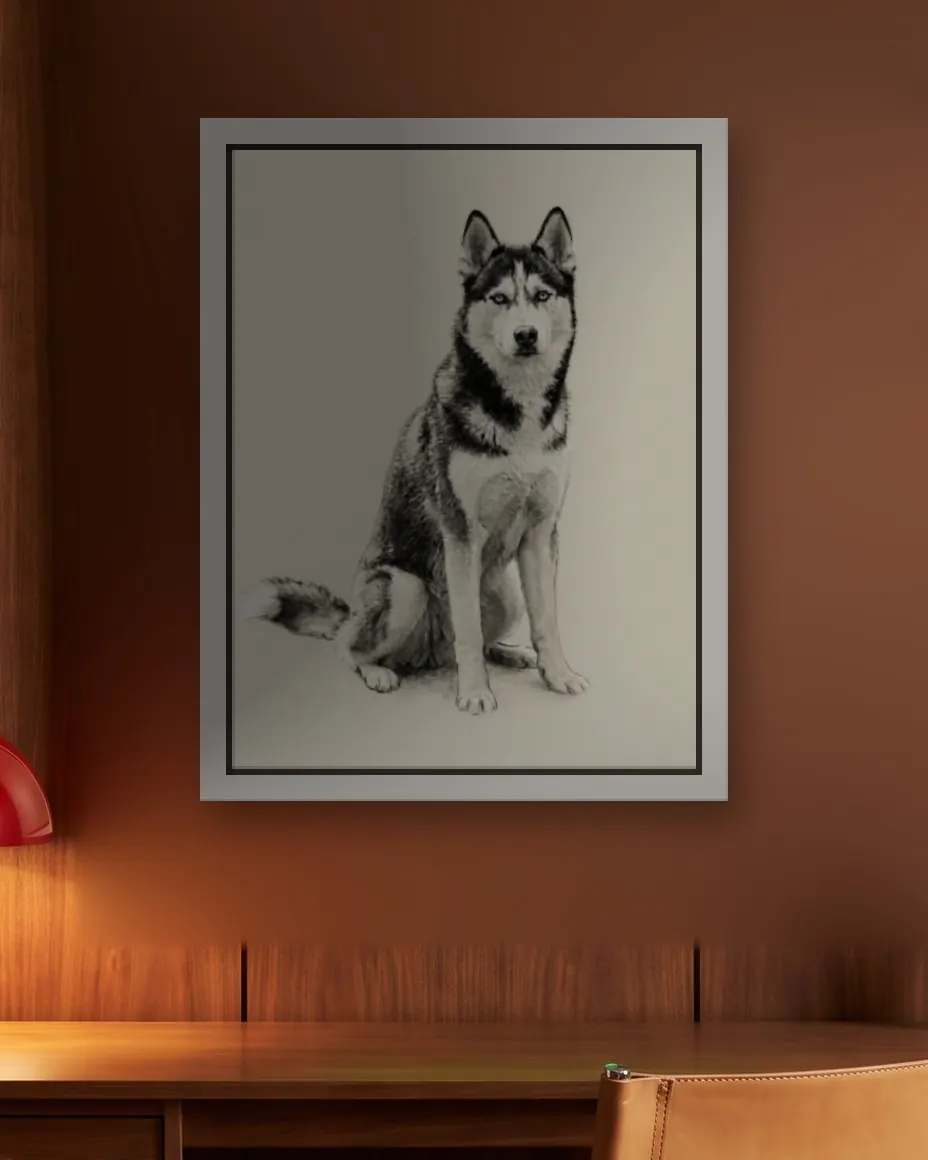 A husky's Charcoal Study portrait as a framed canvas on a walnut paneled office wall above a walnut desk