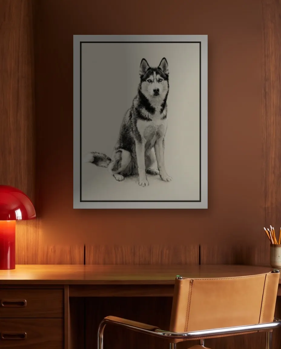 A husky's Charcoal Study portrait as a framed canvas on a walnut paneled office wall above a walnut desk