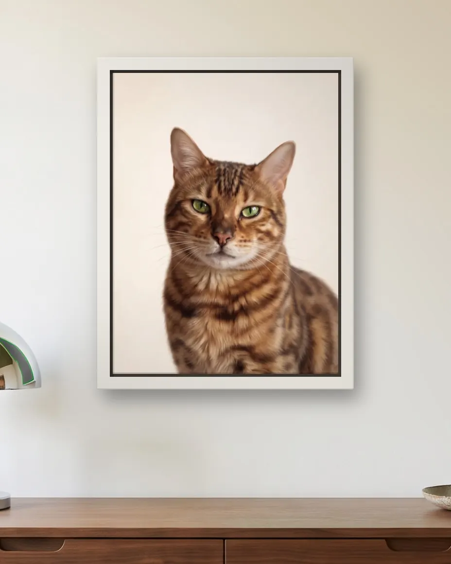 Prada's Clean Studio portrait as a framed canvas on a bedroom wall above a walnut chest of drawers