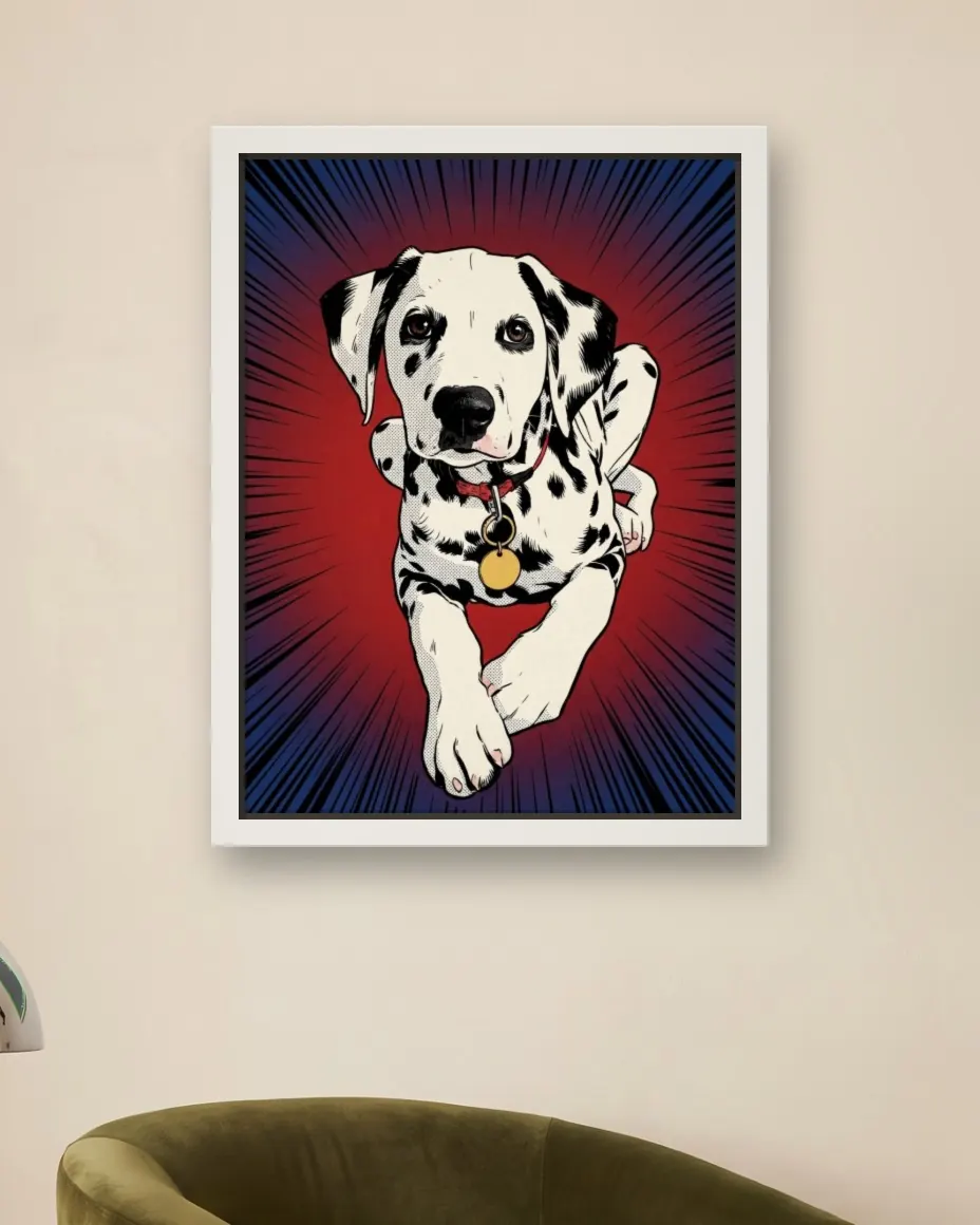 A Dalmatian's Comic Cover portrait as a framed canvas on a reading corner wall above an olive velvet armchair