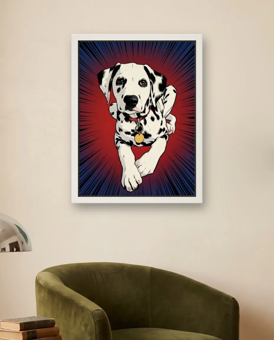 A Dalmatian's Comic Cover portrait as a framed canvas on a reading corner wall above an olive velvet armchair