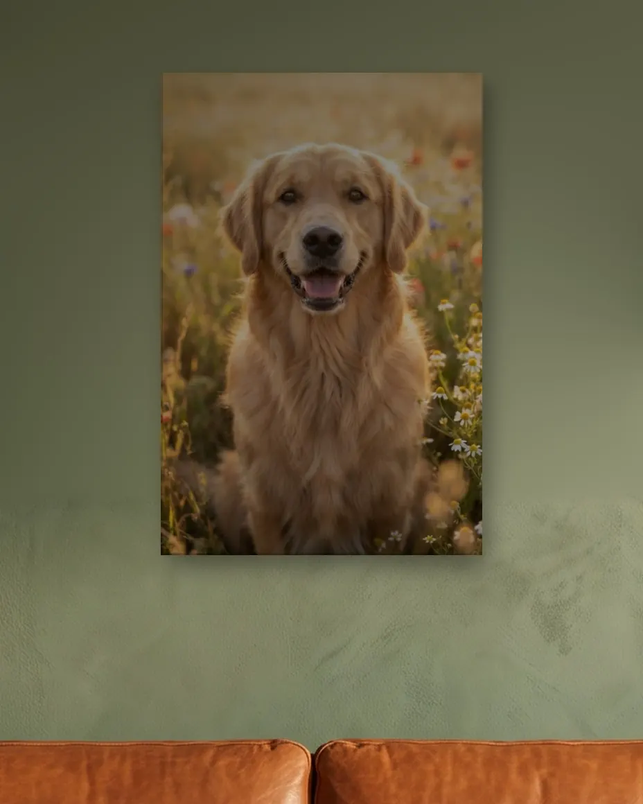 A golden retriever's Golden Meadow portrait as a canvas on a moss green living room wall above a cognac leather sofa