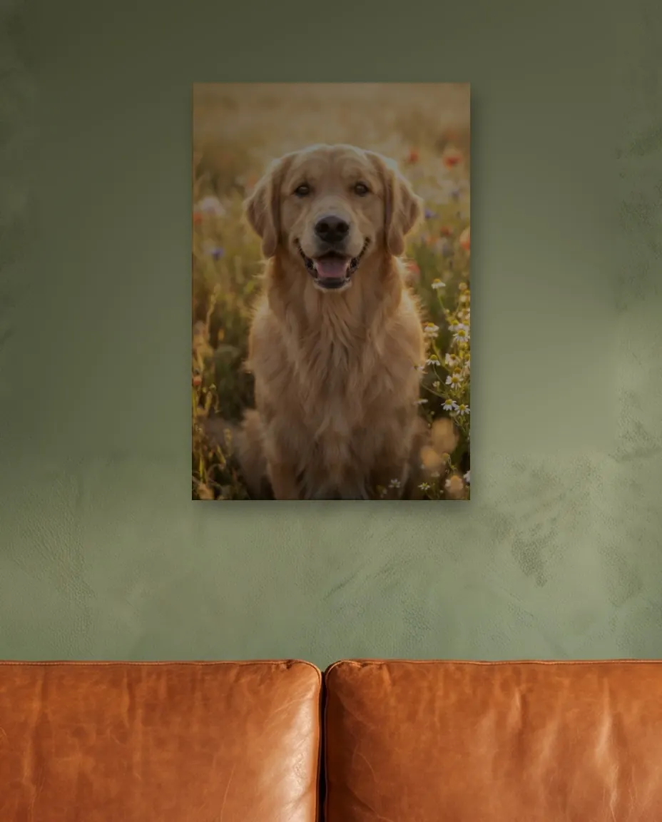 A golden retriever's Golden Meadow portrait as a canvas on a moss green living room wall above a cognac leather sofa