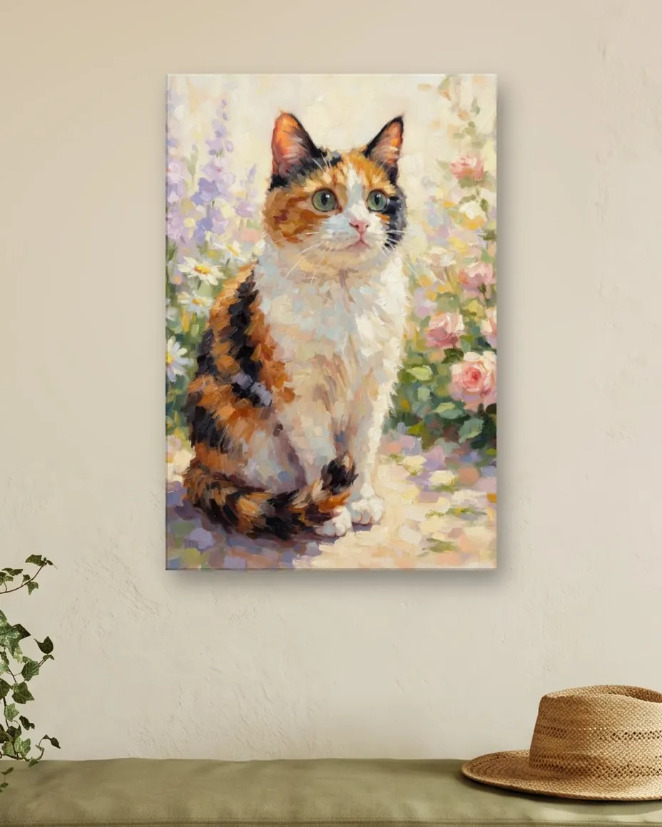 A calico cat's Impressionist Garden portrait as a canvas on a garden room wall above a walnut bench