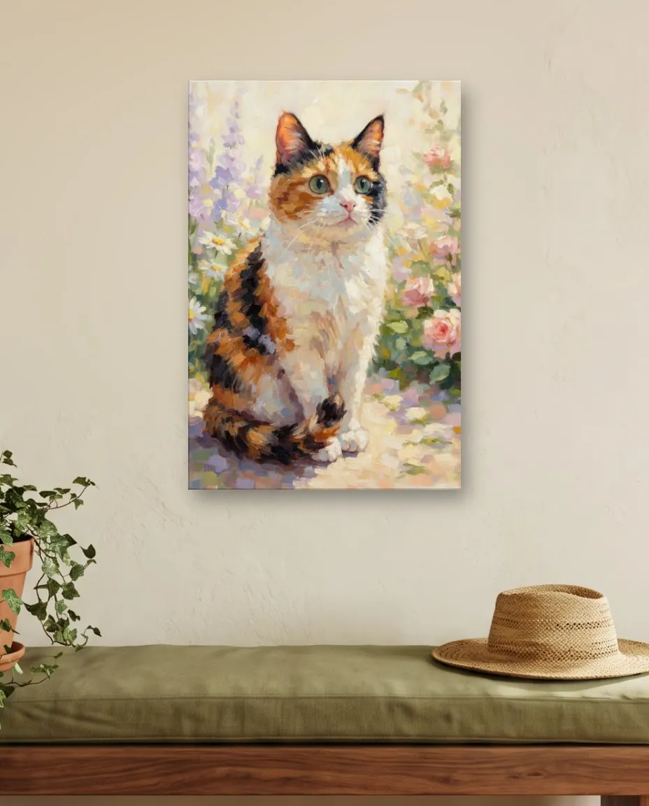 A calico cat's Impressionist Garden portrait as a canvas on a garden room wall above a walnut bench