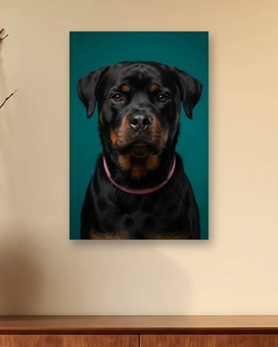 Boofa's Magazine Cover portrait as a canvas on a dining room wall above a walnut sideboard