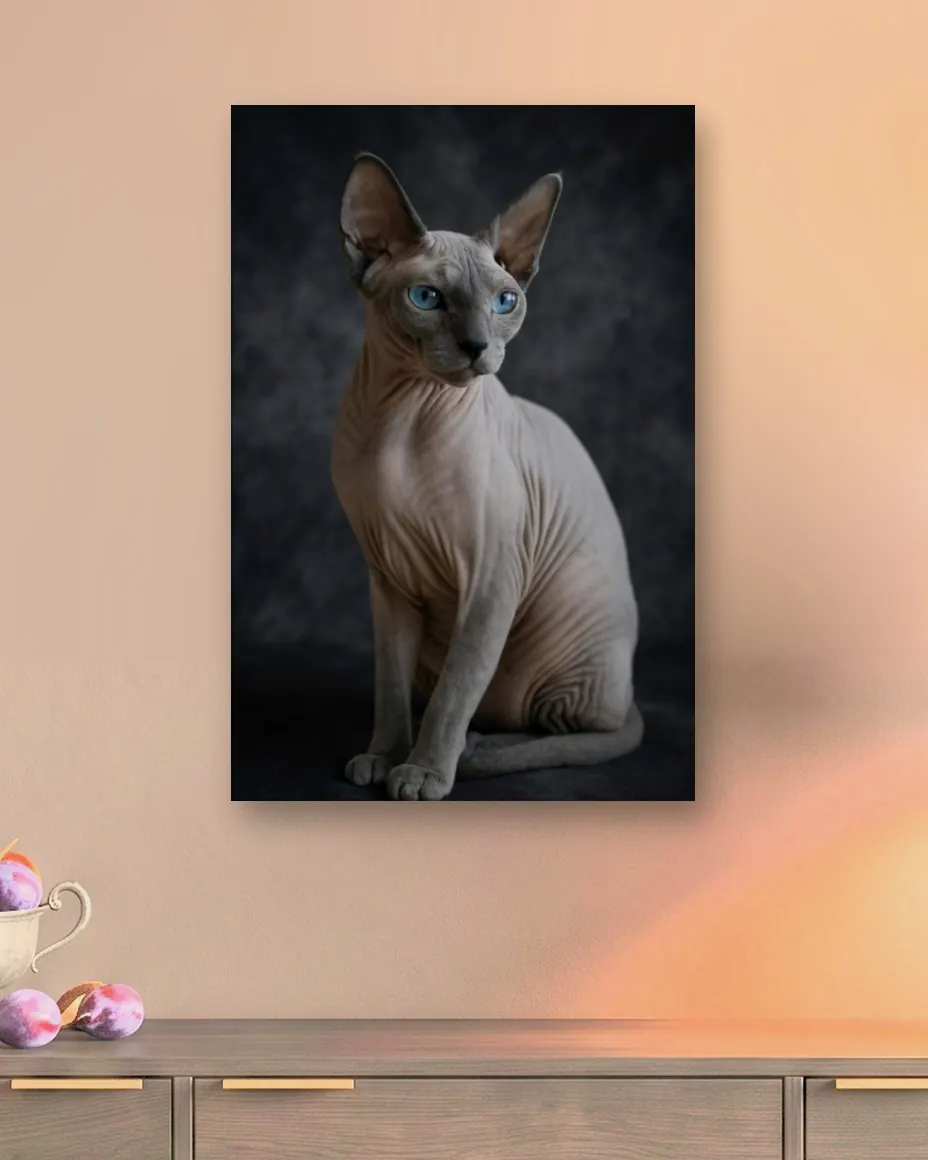 A sphynx cat's Moody Studio portrait as a canvas on a dark dining room wall above a smoked oak sideboard