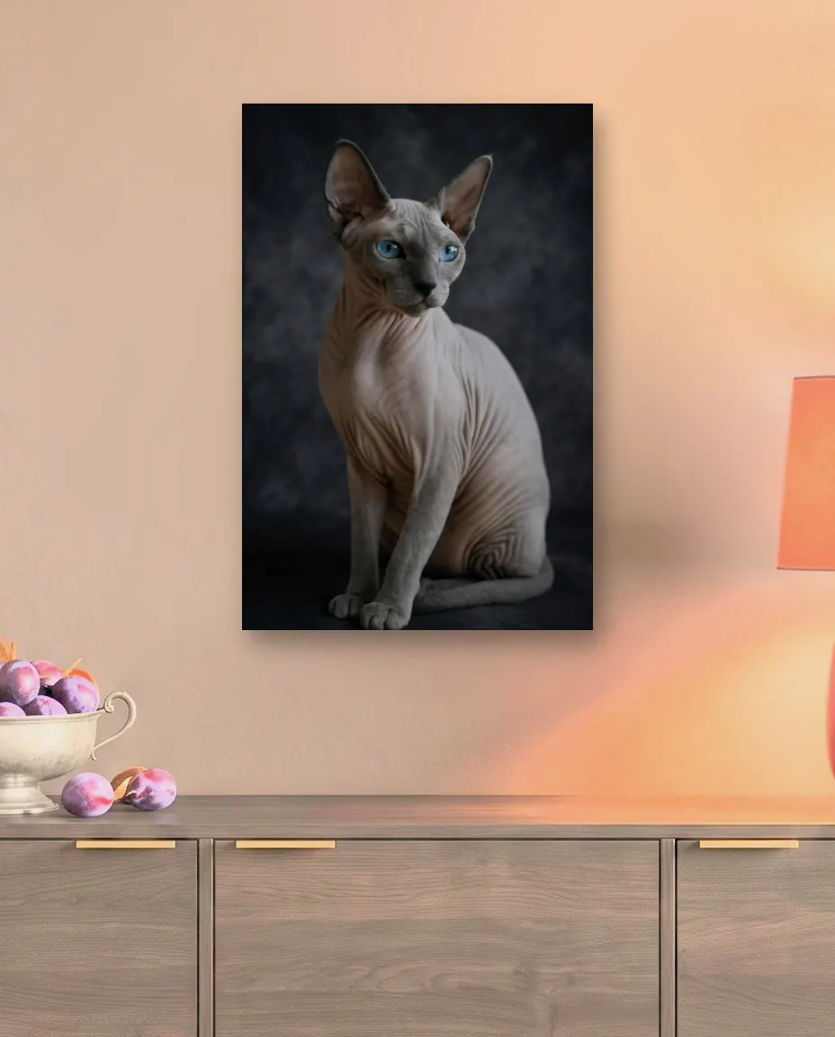 A sphynx cat's Moody Studio portrait as a canvas on a dark dining room wall above a smoked oak sideboard