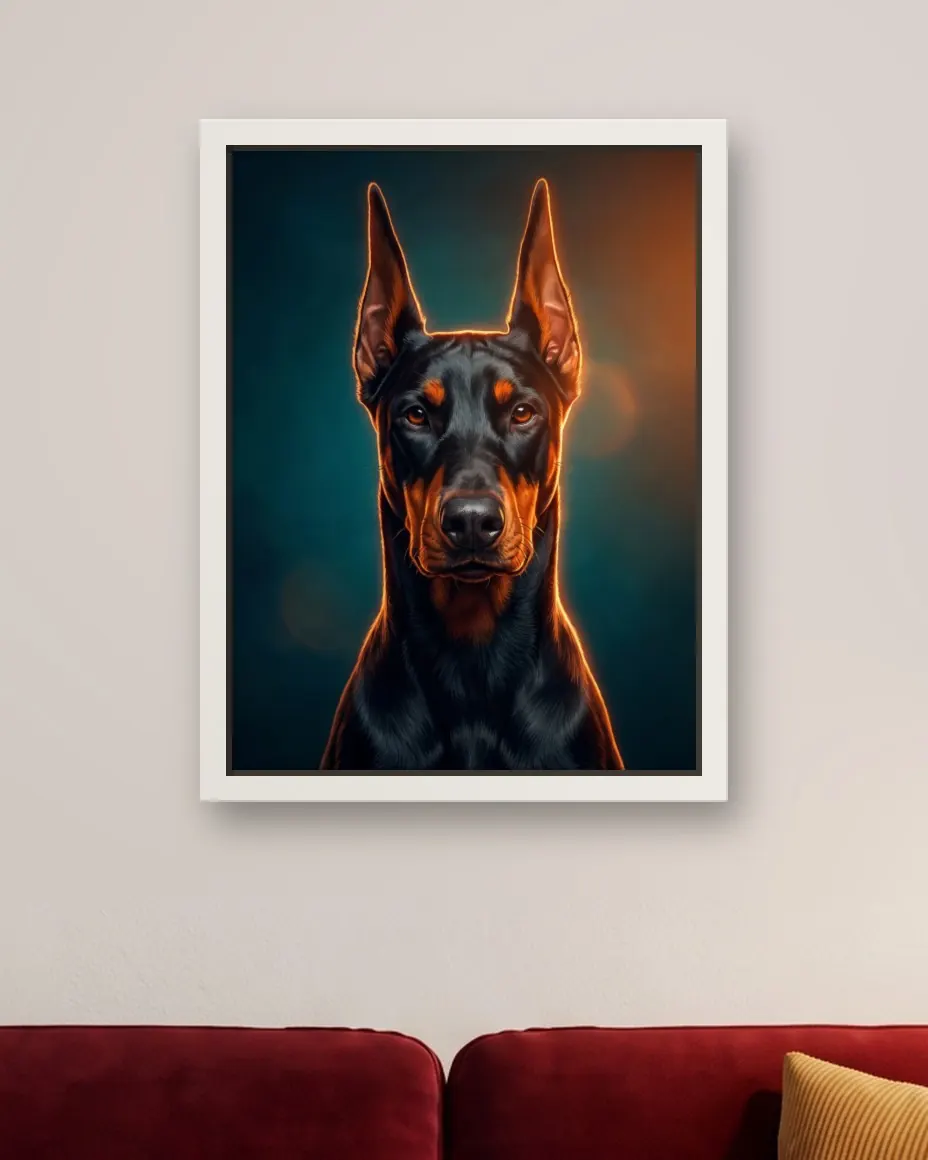 A Doberman's Movie Poster portrait as a framed canvas on a living room wall above a red velvet sofa