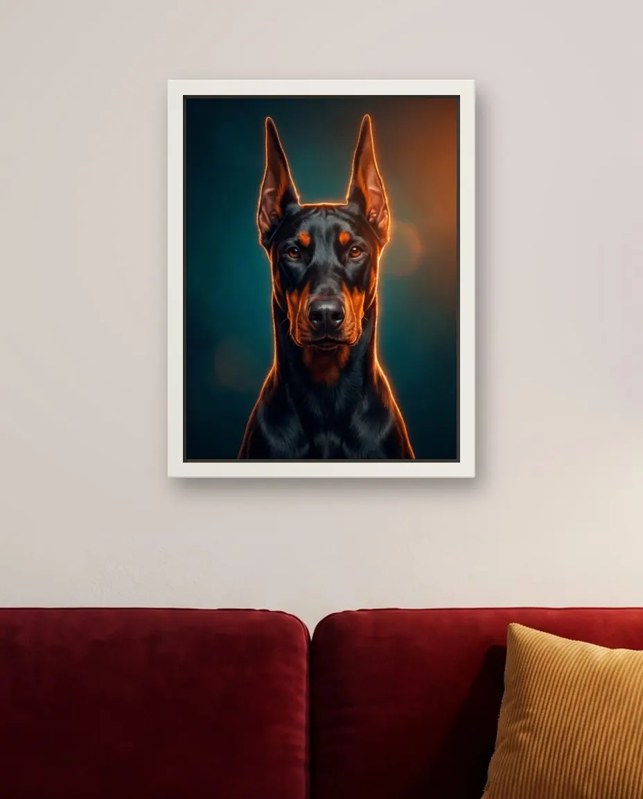A Doberman's Movie Poster portrait as a framed canvas on a living room wall above a red velvet sofa
