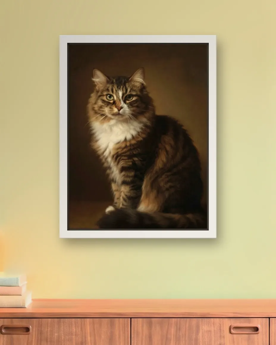 Mochi's Old Master Oil portrait as a framed canvas on an olive paneled library wall above a walnut credenza