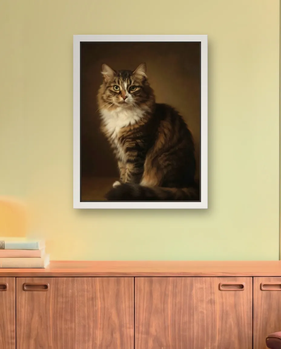 Mochi's Old Master Oil portrait as a framed canvas on an olive paneled library wall above a walnut credenza