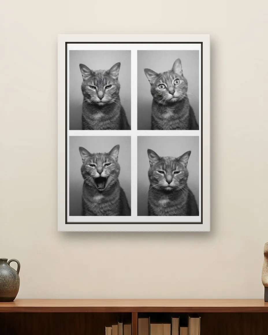 Boots's Photobooth Strip portrait as a framed canvas on a stair landing wall above a walnut bookcase